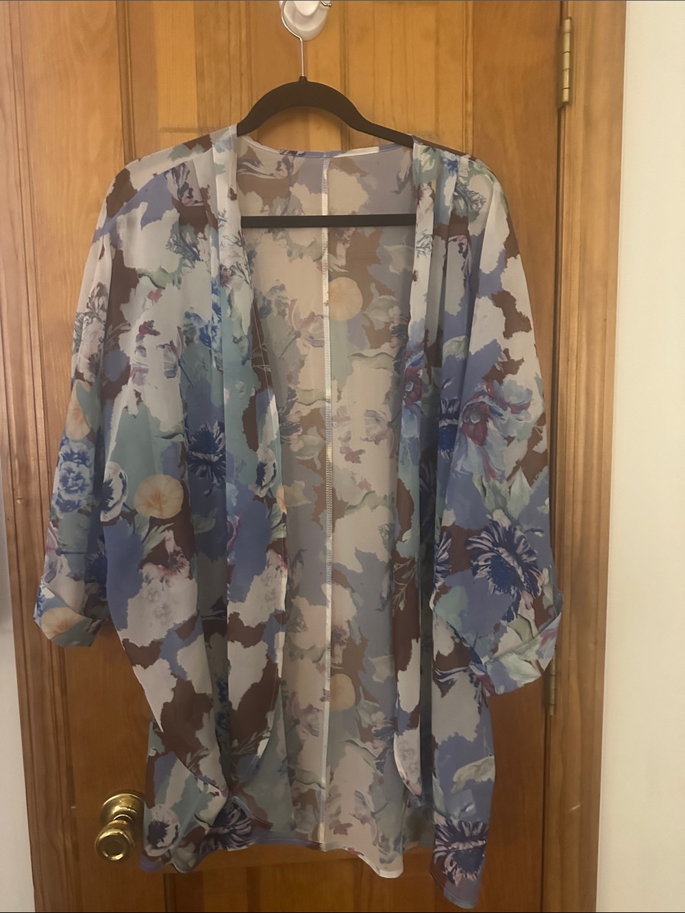 Sheer Floral Kimono Cardigan in Blue & Brown